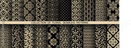 Geometric floral set of seamless patterns. Golden and black vector backgrounds. Damask graphic ornaments
