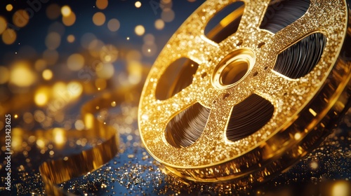 Golden film reel with glittery texture represents cinema celebration glamour cinematic entertainment film production nostalgia.