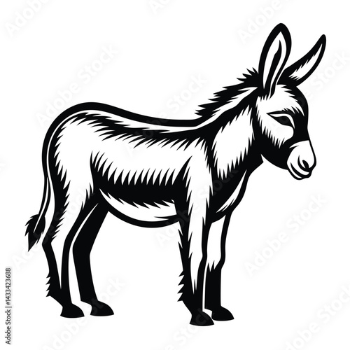 Isolated Stylized Donkey in Black and White, Standing Profile View