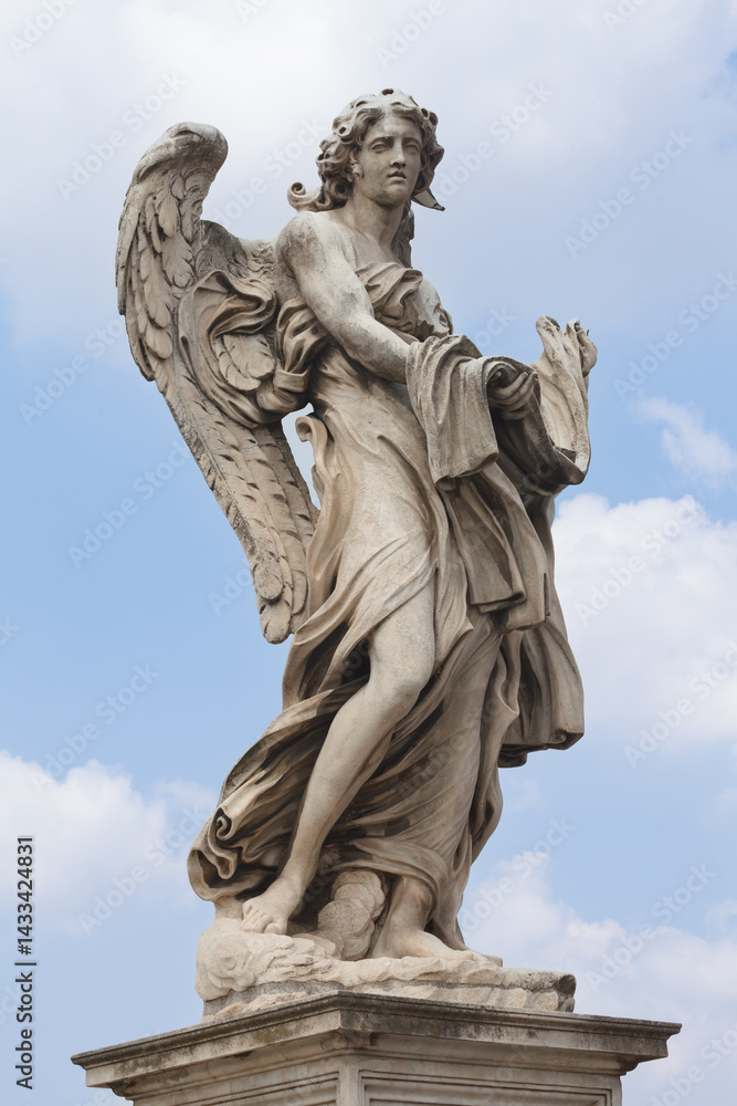 Fototapeta premium Marble statue of an Angel by famous sculptor Gian Lorenzo Bernini on the Ponte Sant'Angelo, Bridge of Angels at the Castel Sant'Angelo in Rome, Italy