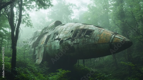 Abandoned spaceship sits nestled amid lush jungle, creating an eerie, mysterious post-apocalyptic feel.
