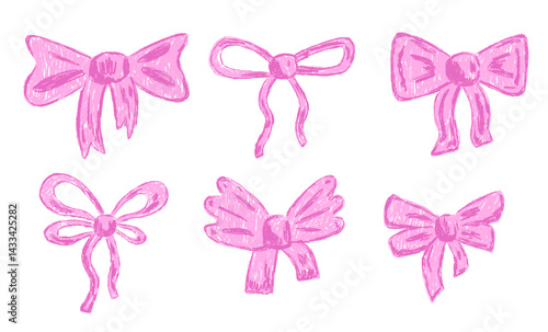 Set of pink coquette bow with ribbon drawn with crayon pencil texture
