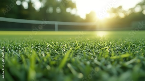 Lush green grass field at sunset with tennis court in background.