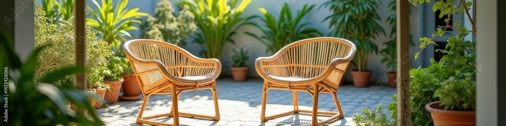 Sunlit patio with bamboo chairs and lush greenery Sunlit patio with bamboo chairs and lush greenery