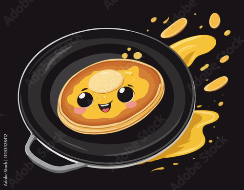 Tossing pancake in cartoon frying pan. Yellow hotcake flying in air on black skillet, chefs movement. Dessert of American cuisine cooking mascot, cartoon pancake making in frypan vector illustration