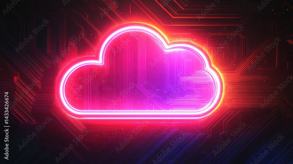 Neon cloud glows, symbolizing data connection, cybersecurity, connectivity, innovation and digital transformation. Neon cloud glows, symbolizing data connection, cybersecurity, connectivity, innovation and digital transformation.