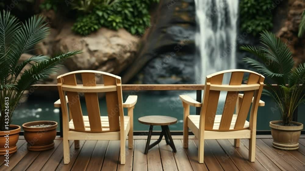 Relaxing Wooden Chairs on Tropical Deck Facing Waterfall in Jungle Resort Relaxing Wooden Chairs on Tropical Deck Facing Waterfall in Jungle Resort
