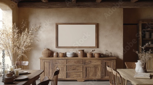 Rustic dining room mockup; blank frame; farmhouse interior; beige wall; wooden sideboard; design template