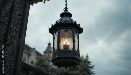 Elegant vintage lantern hanging with a glowing flame against a cloudy sky