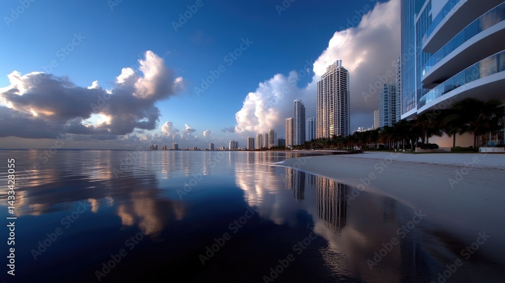 Fototapeta premium Coastal cityscape at dawn, perfect reflection