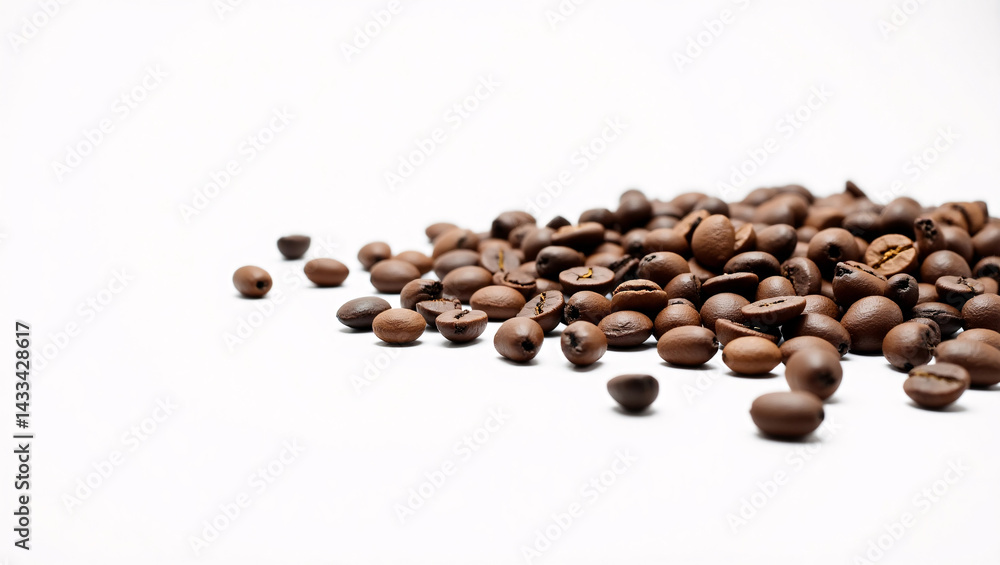 High resolution realistic artwork of single coffee beans with natural shapes and warm shadows on white High resolution realistic artwork of single coffee beans with natural shapes and warm shadows on white