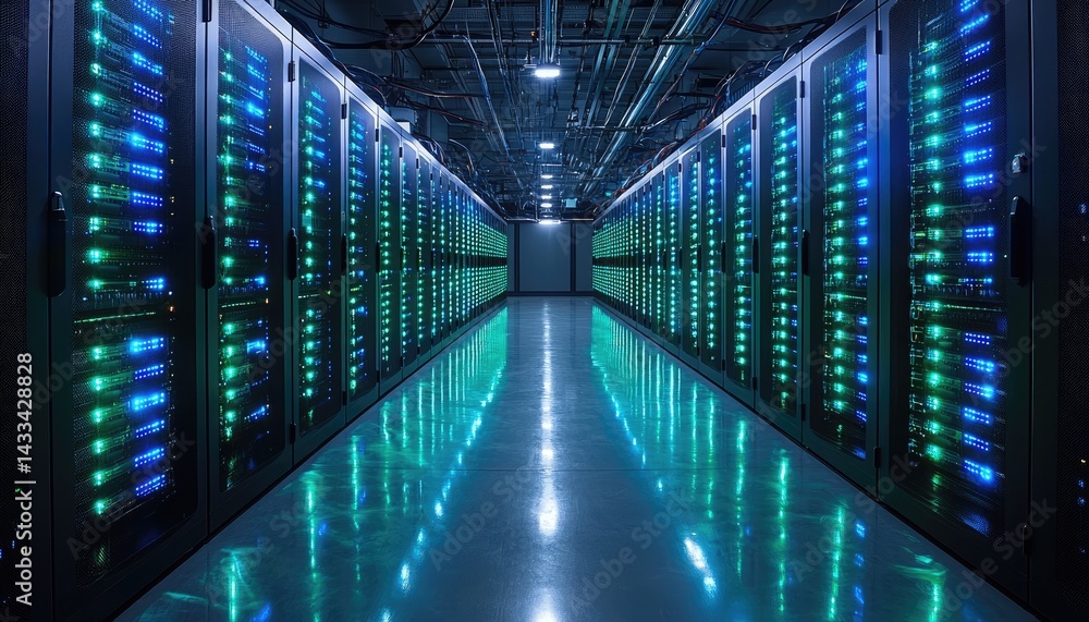 Massive server room filled with glowing computer racks. Massive server room filled with glowing computer racks.