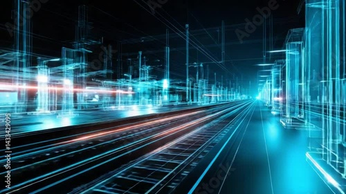 Futuristic hologram representation of a train station and tracks in vibrant 4K technology setting