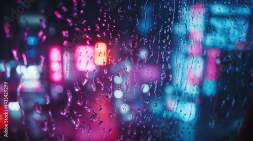 Raindrops on window reflecting neon city lights Ultimate