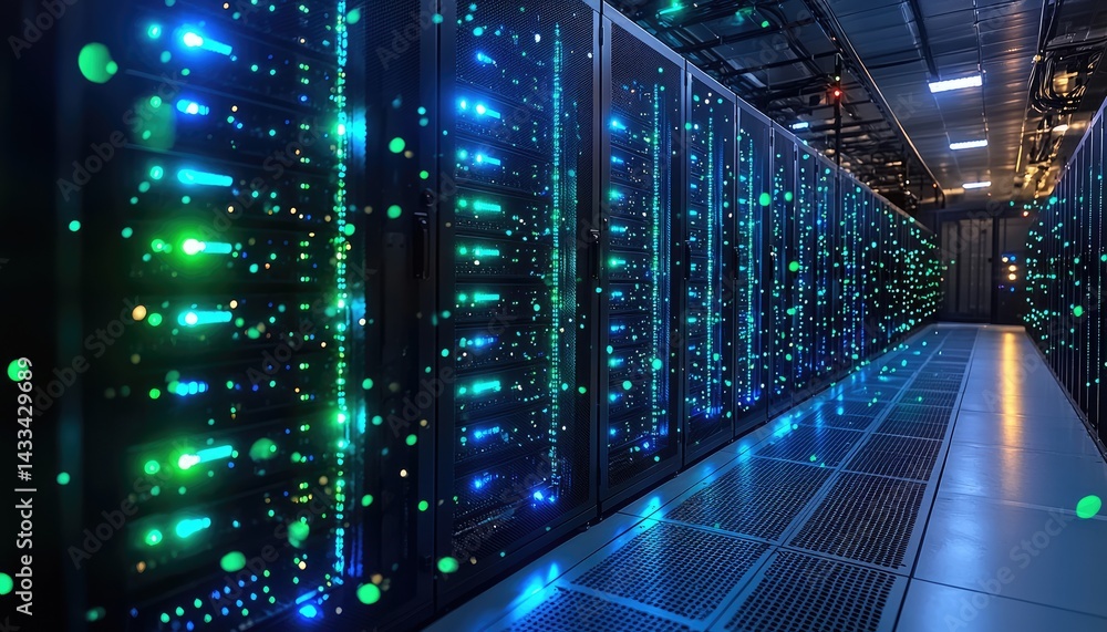 Obraz premium Massive server racks illuminate a modern data center.