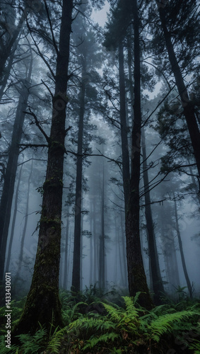 Mysterious fog enveloping a forest.