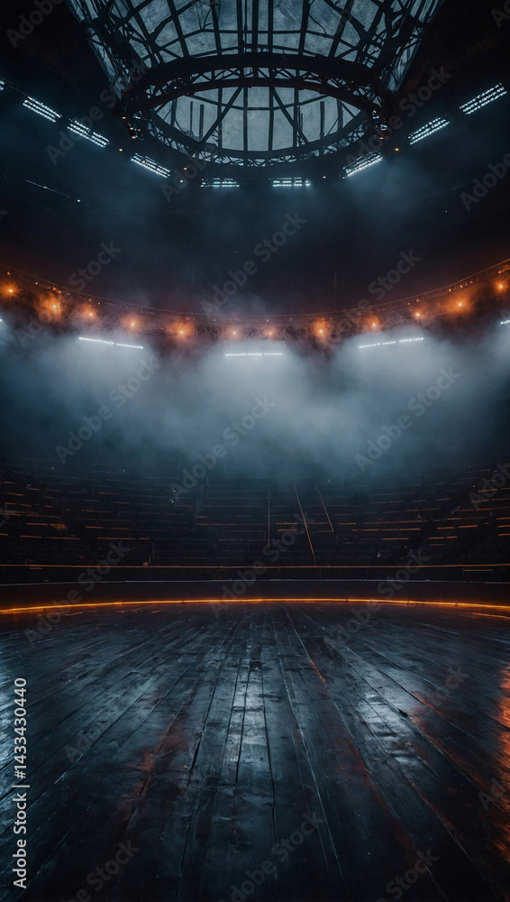 Mysterious foggy arena with glowing lights for an epic event.