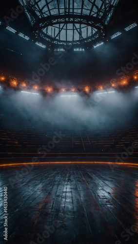Obraz na płótnie Mysterious foggy arena with glowing lights for an epic event. w salonie