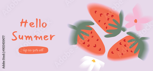 Three Strawberries with blurred edges and small flowers on pastel background. Gradient texture. Hello Summer banner with discount text. Vector illustration for sale, web, promo, social media