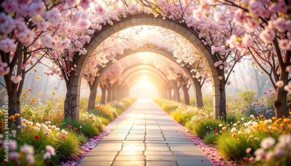 Fototapeta premium Cherry blossom pathway tranquil garden landscape photography spring season serene viewpoint nature concept