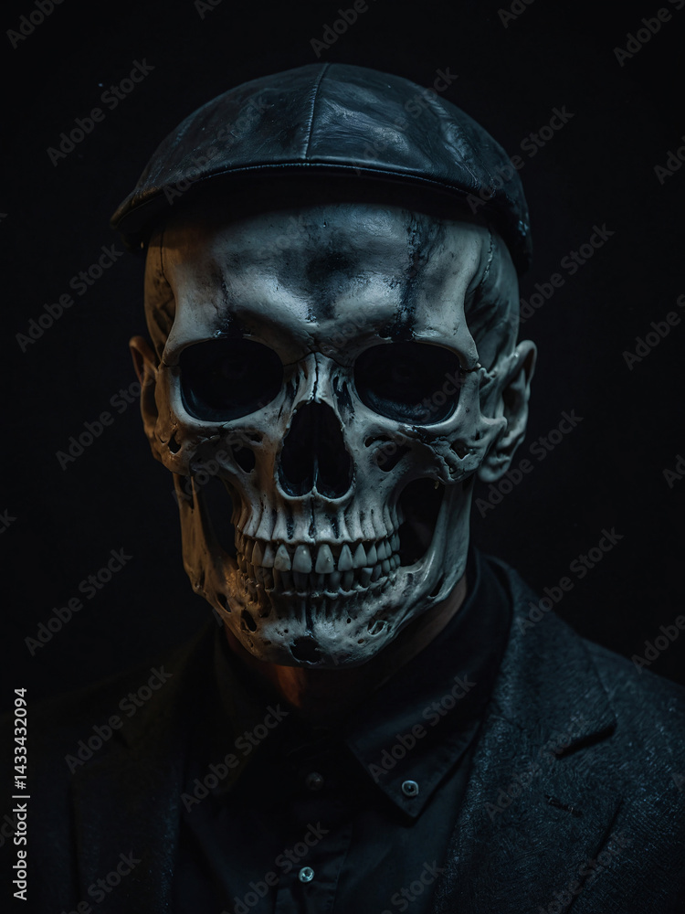 Mysterious horror skull portrait with dark elegance.