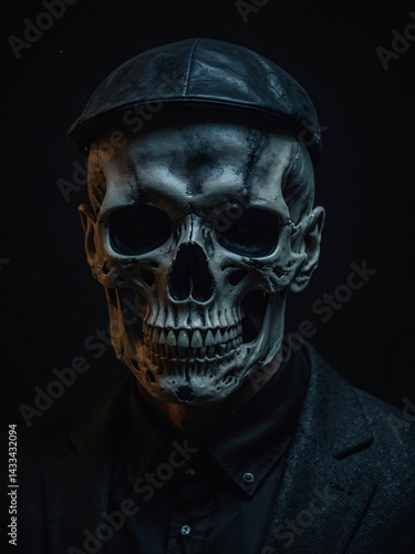 Mysterious horror skull portrait with dark elegance.