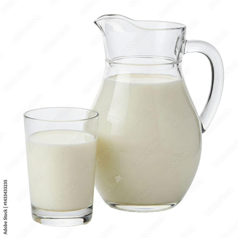 Fresh Milk and Glass: A close-up shot shows a tall pitcher and a glass filled with fresh, creamy milk. The image is a clean and simple composition, highlighting the dairy product's pure white color. Fresh Milk and Glass: A close-up shot shows a tall pitcher and a glass filled with fresh, creamy milk. The image is a clean and simple composition, highlighting the dairy product's pure white color.