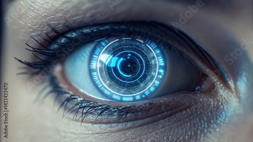A futuristic close-up of a human eye with a digital, technological pattern inside the iris, symbolizing innovation and technology.