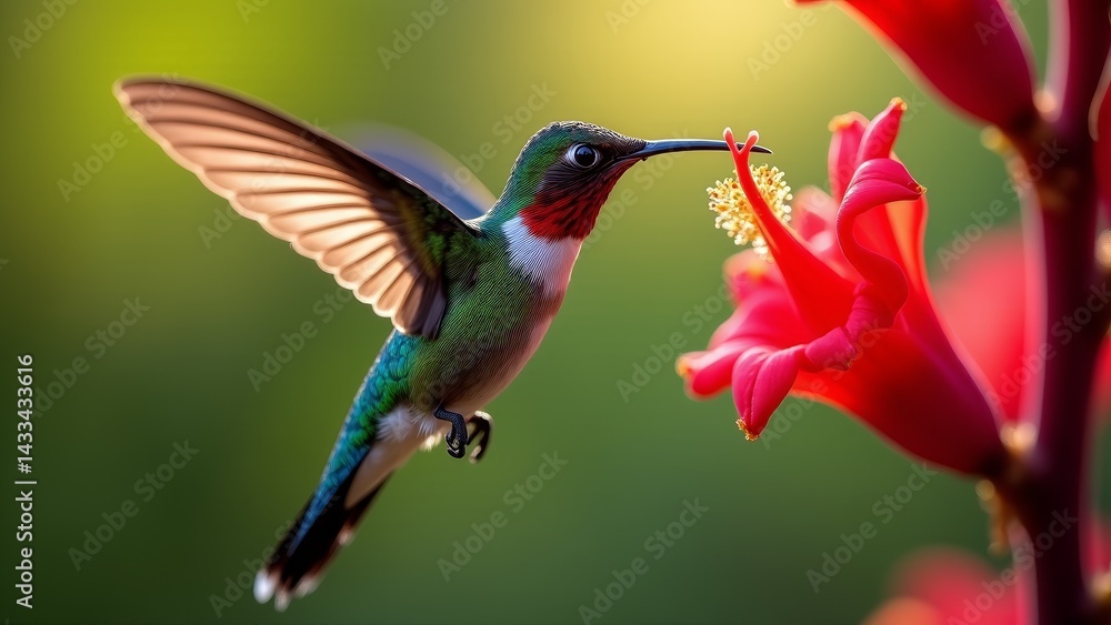 Fototapeta premium Ruby-Throated Hummingbird Feeds On Red Flower