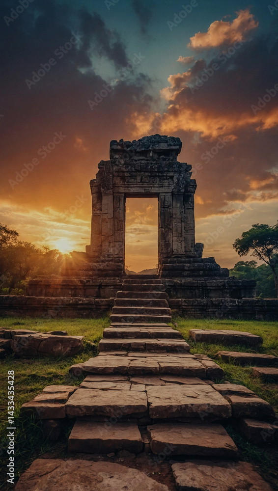 Mysterious sunset at ancient temple ruins.