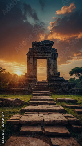 Obraz na płótnie Mysterious sunset at ancient temple ruins. w salonie