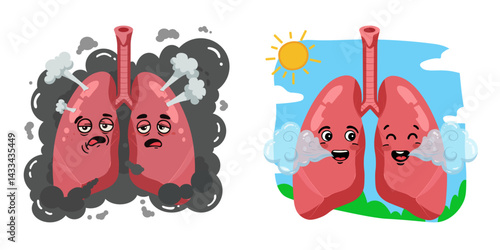 Cartoon lungs before and after smoking with happy and sad expressions, cigarette damage vs healthy breathing, medical illustration for quit smoking campaign, lung health, clean air and detox concept