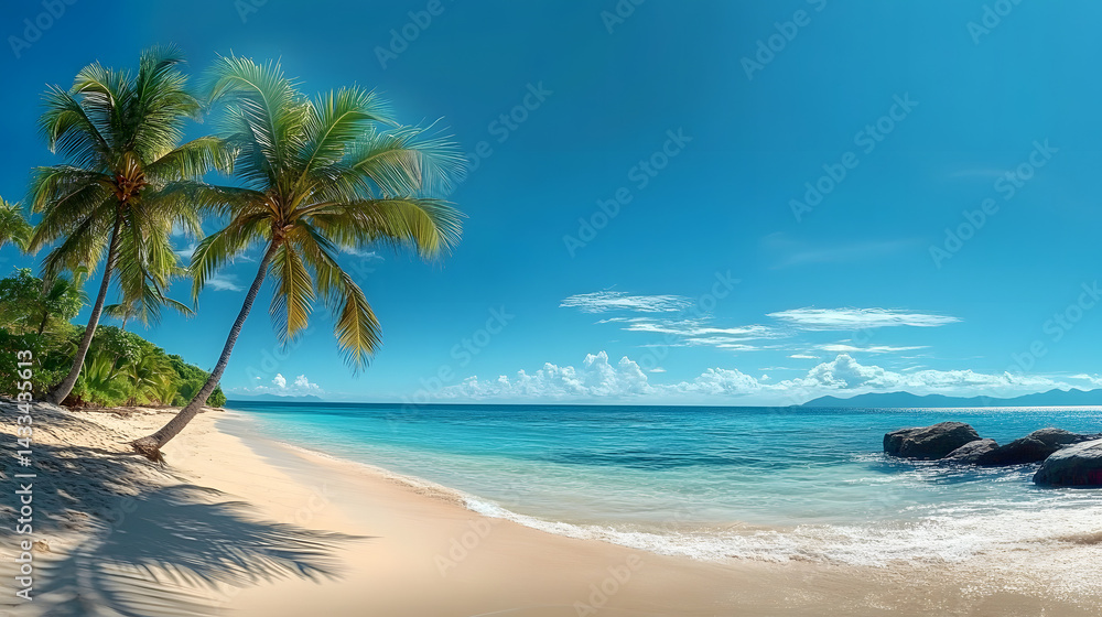 Obraz premium Tropical beach scene with palm trees and clear blue sky.