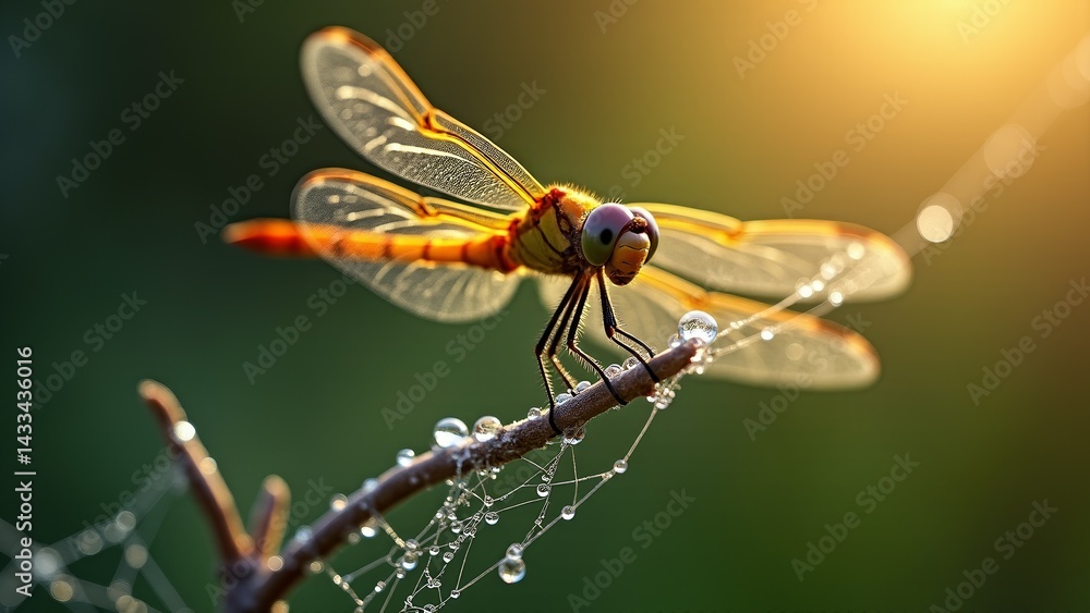 Dragonfly Sitting on Dew Covered Branch Dragonfly Sitting on Dew Covered Branch