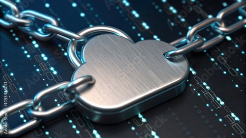 A metallic padlock shaped like a cloud is connected by chains, set against a digital background with binary code, symbolizing cybersecurity and data protection.