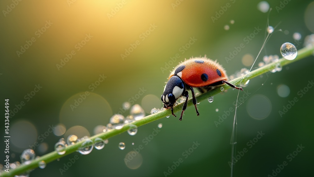 Ladybug Sitting on Dewy Green Stem Ladybug Sitting on Dewy Green Stem