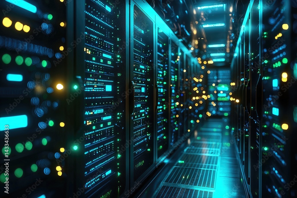 A futuristic server room illuminated by vibrant, glowing lights. A futuristic server room illuminated by vibrant, glowing lights.