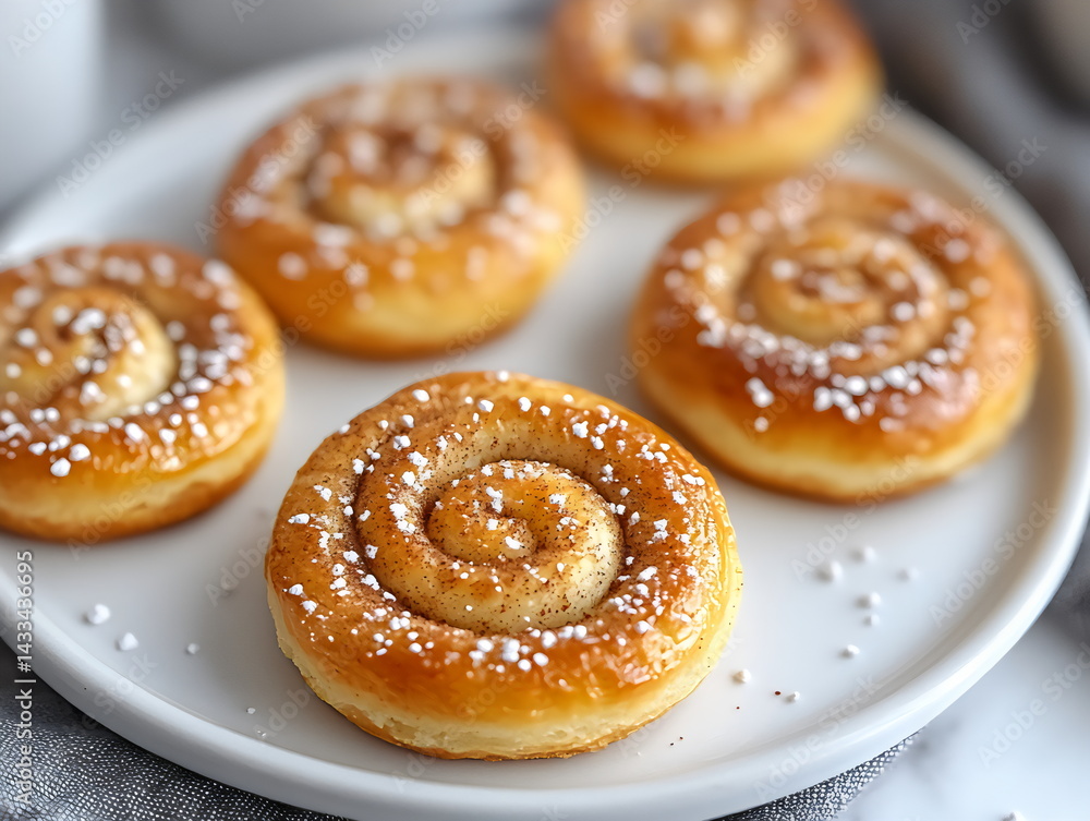 Freshly baked cinnamon rolls with icing arranged on a white plate in a cozy kitchen setting Freshly baked cinnamon rolls with icing arranged on a white plate in a cozy kitchen setting