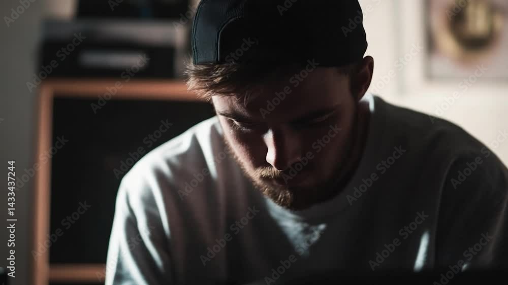 Young man deeply focused on music production in a dimly lit studio Young man deeply focused on music production in a dimly lit studio