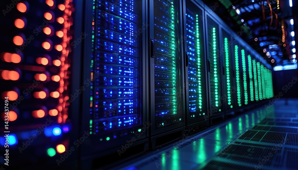 Illuminated server racks in a data center at night. Illuminated server racks in a data center at night.