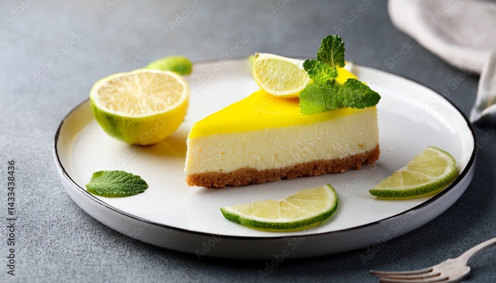lemon cheesecake garnished with fresh lemon lime and mint on a white plate grey background close up lemon cheesecake garnished with fresh lemon lime and mint on a white plate grey background close up