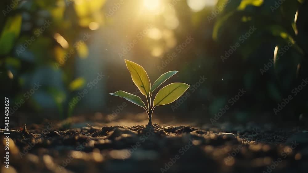 Young plant sprouting in sunlight with blurred greenery background Young plant sprouting in sunlight with blurred greenery background