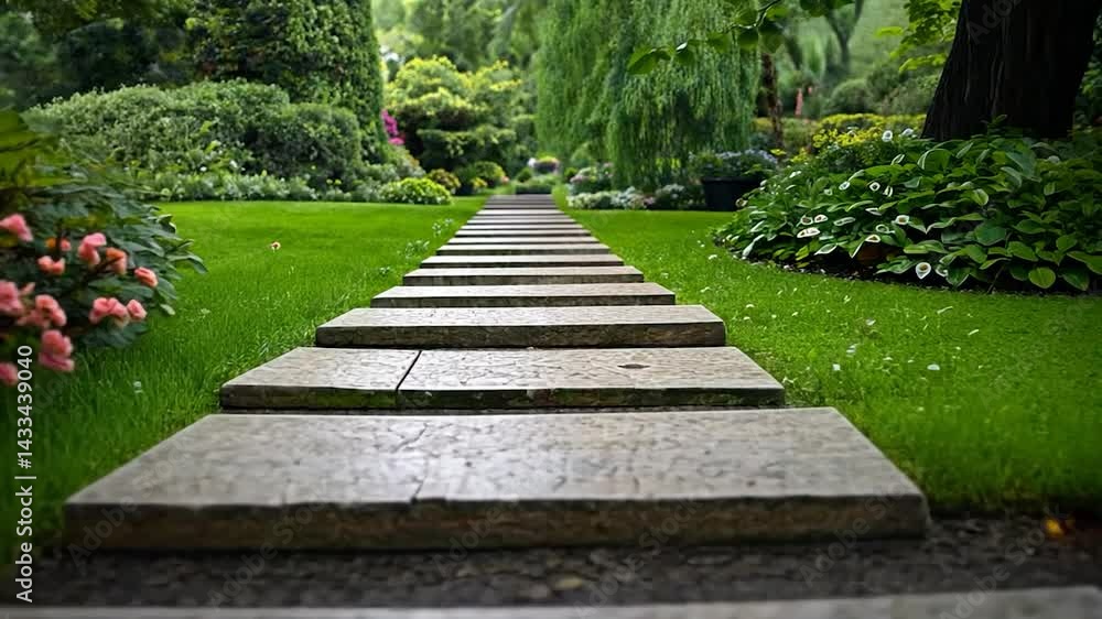 Stone pathway through a lush green garden with vibrant foliage and trees creating a serene atmosphere on a rainy day Stone pathway through a lush green garden with vibrant foliage and trees creating a serene atmosphere on a rainy day