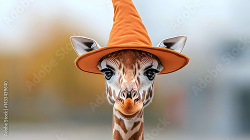 Cute Giraffe in Orange Witch Hat for Halloween