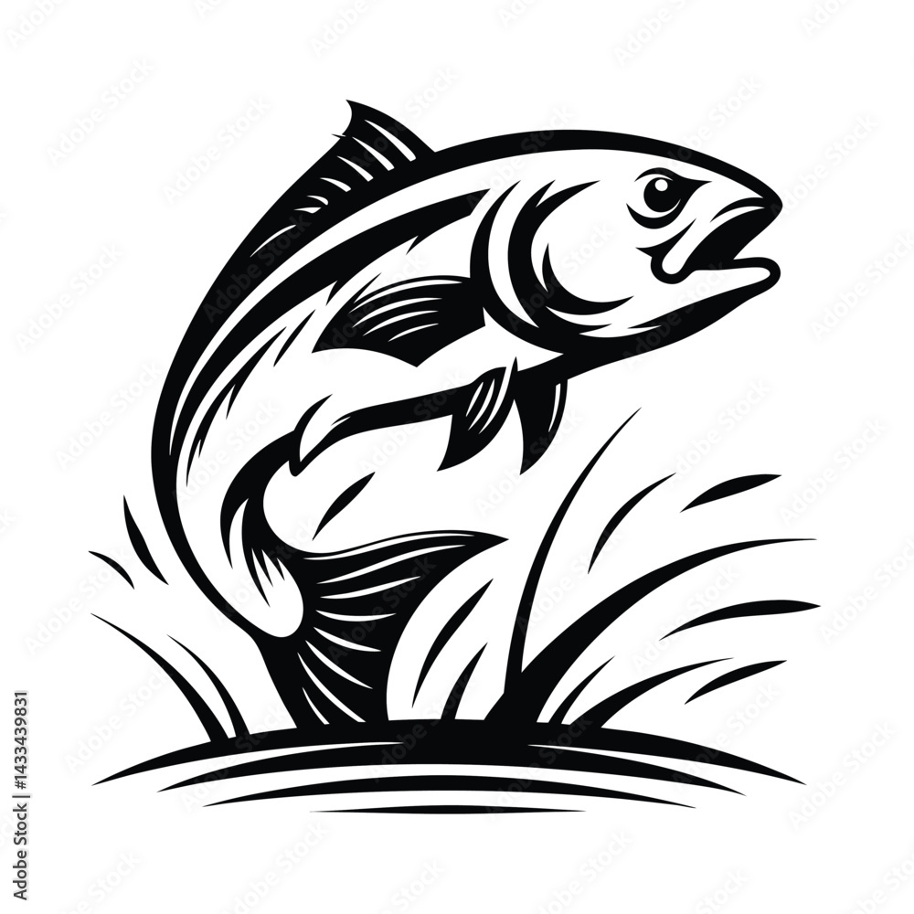 Jumping Salmon Silhouette Illustration, Isolated Wild Fish in Black and White River Jumping Salmon Silhouette Illustration, Isolated Wild Fish in Black and White River