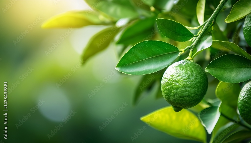 Fototapeta premium fresh green lime fruit growing on tree branch surrounded by vibrant green leaves highlights beauty of nature growth and agriculture in citrus plant development