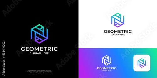 Abstract letter N logo design inspiration. Geometric initial N with hexagon shape symbol logo.