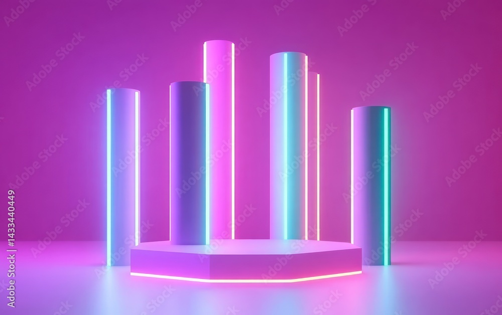 Fototapeta premium Neon Lit Cylinders Surround Hexagonal Platform