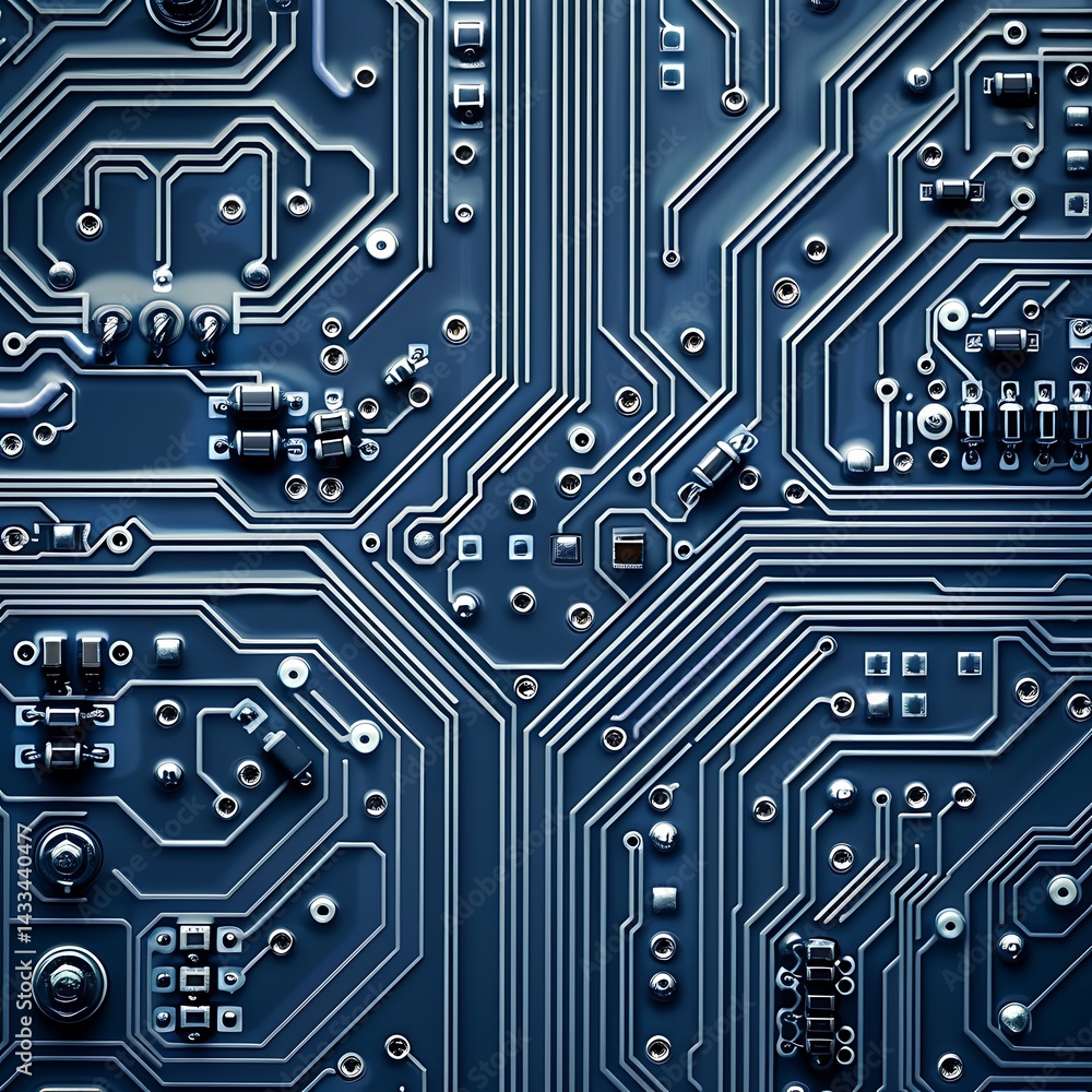 Macro close-up top view of a complex blue electronic printed circuit board (PCB) showing intricate network of conductive pathways and components. Technology background.
Macro close-up top view of a complex blue electronic printed circuit board (PCB) showing intricate network of conductive pathways and components. Technology background.