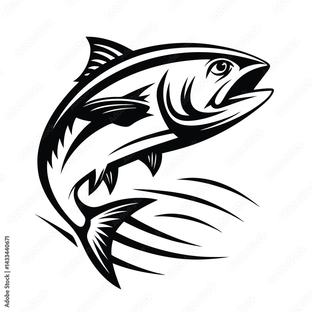 Obraz premium Leaping Tuna Silhouette, Monochrome Fish Illustration, Marine Life Icon, Underwater Theme